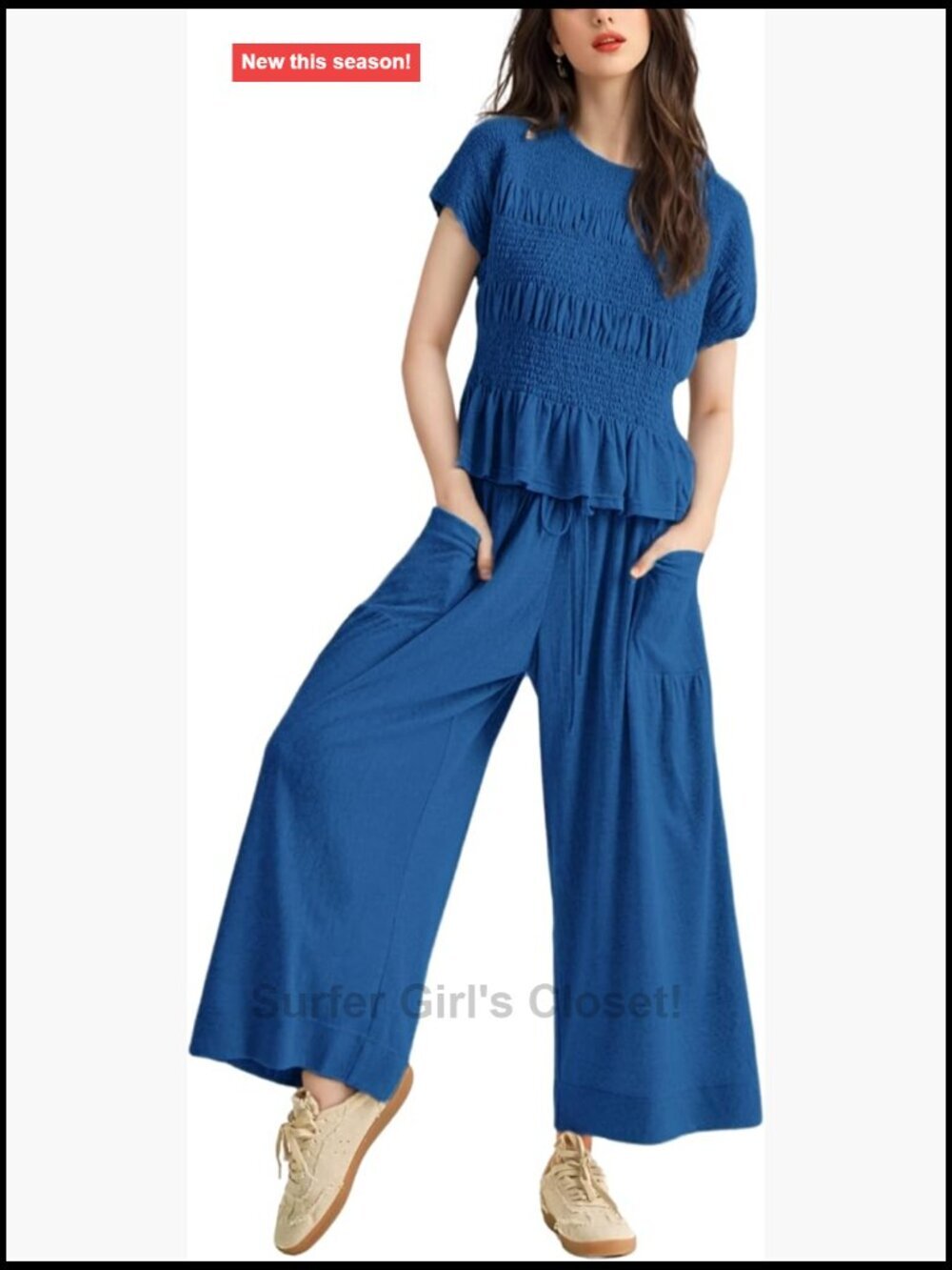 Womens 2 Piece Smocked Top Wide-Leg Pants Set High-Waisted Lounge Outfit with
